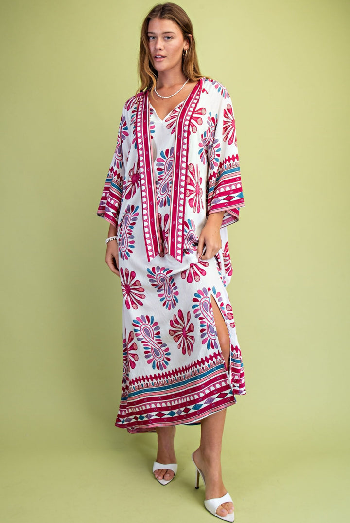 vestido blanco y magenta kaftan satinado maxi (#142)