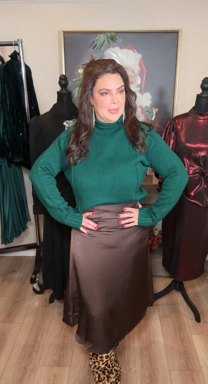 Falda cafe oscuro satinada piedritas cafe (#156)