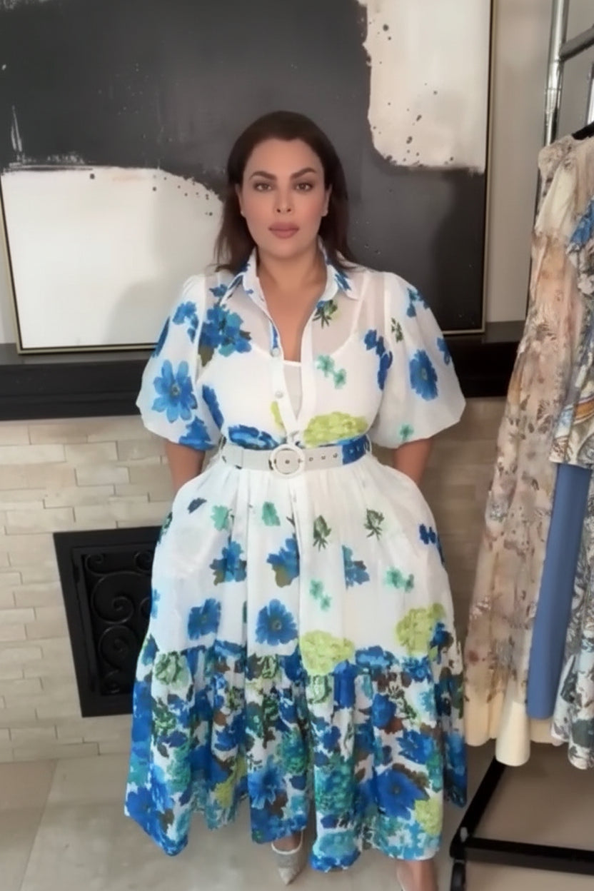 Vestido blanco flores azul y verde maxi princesa (