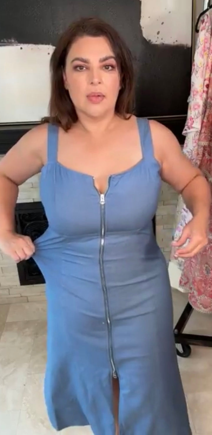 Vestido azul mezclilla zipper plata al frente midi (