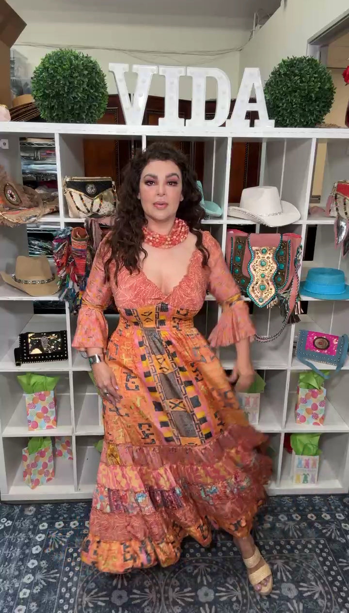 Vestido Naranja Cintura Stretch Bohemio Maxi (#129)