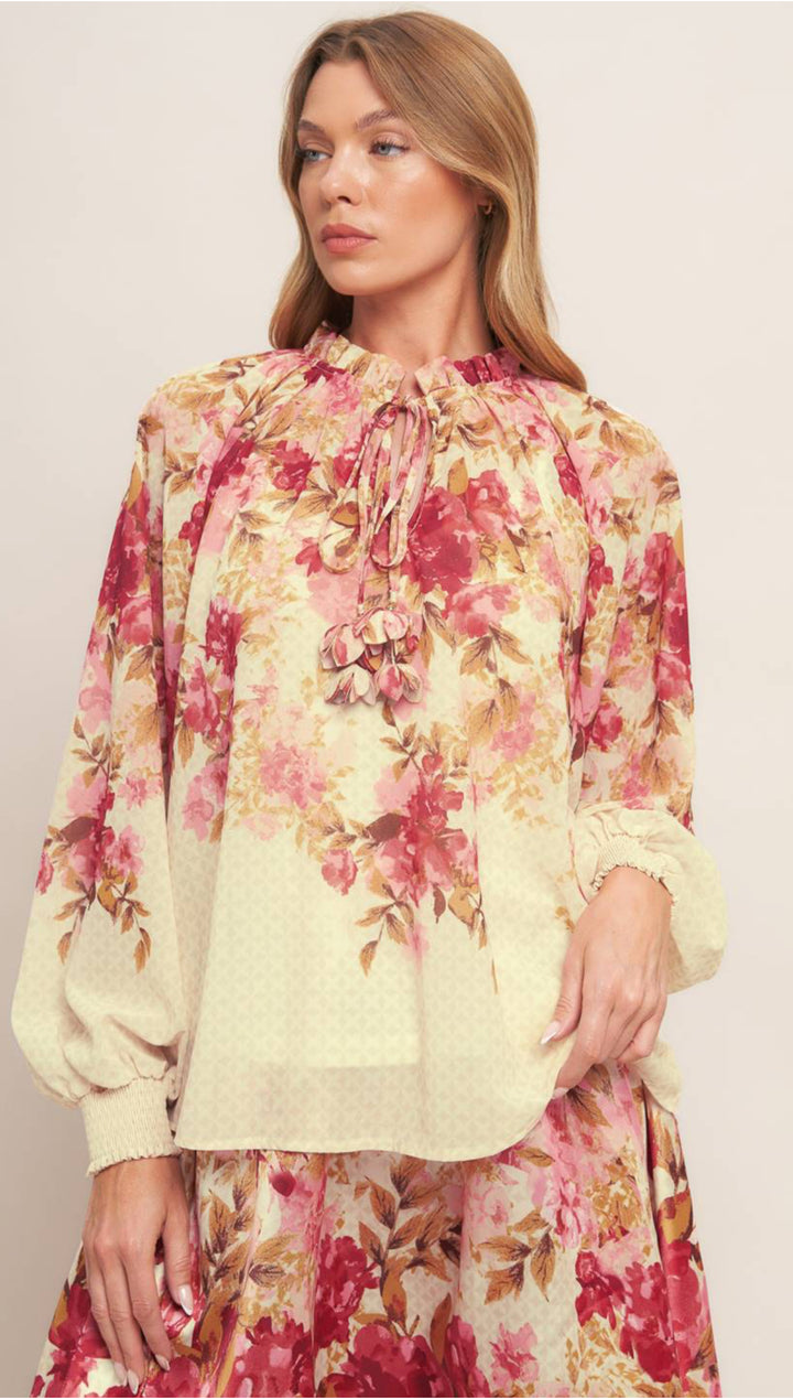 Set crema floral rosas y mostaza vintage falda y blusa (#119)