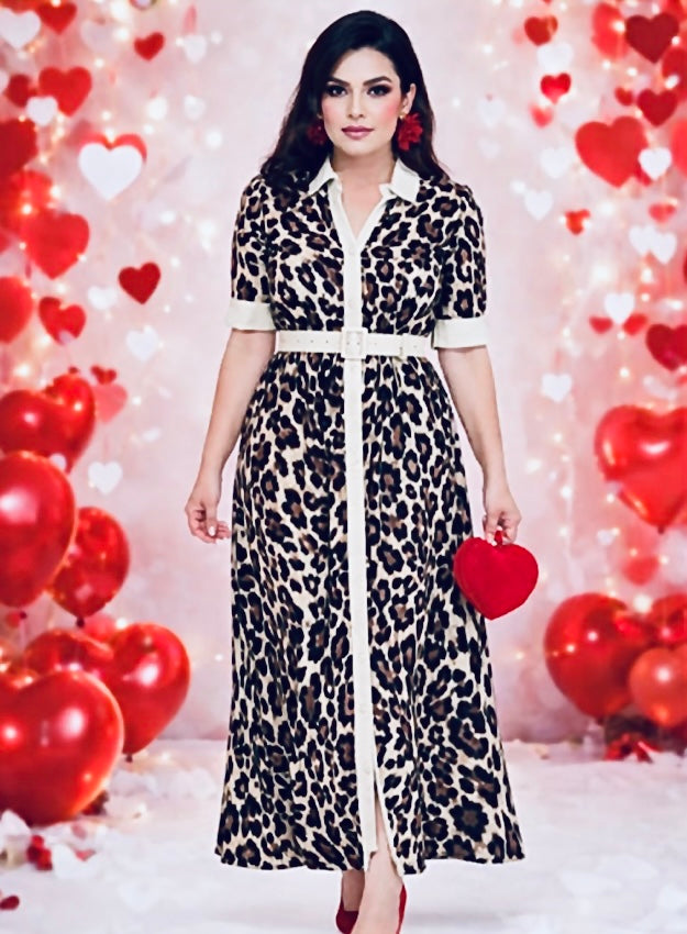 Vestido beige & leopardo lino suave con cinto (#120)