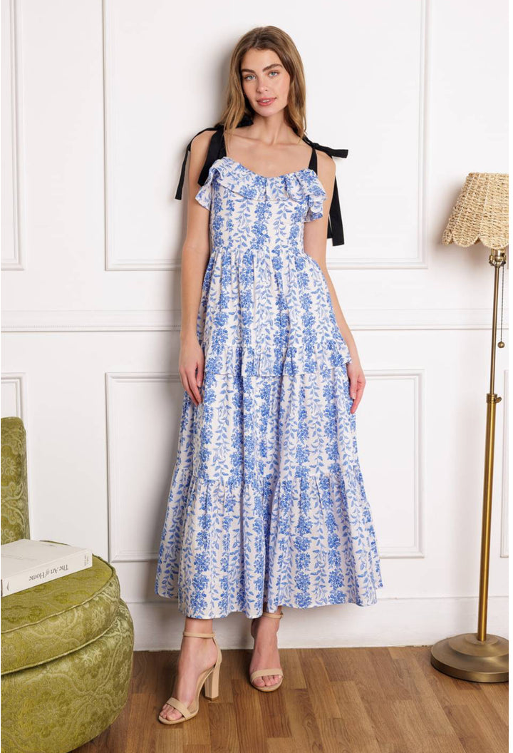 Vestido blanco flores azul con moños en negro Santori (#169)