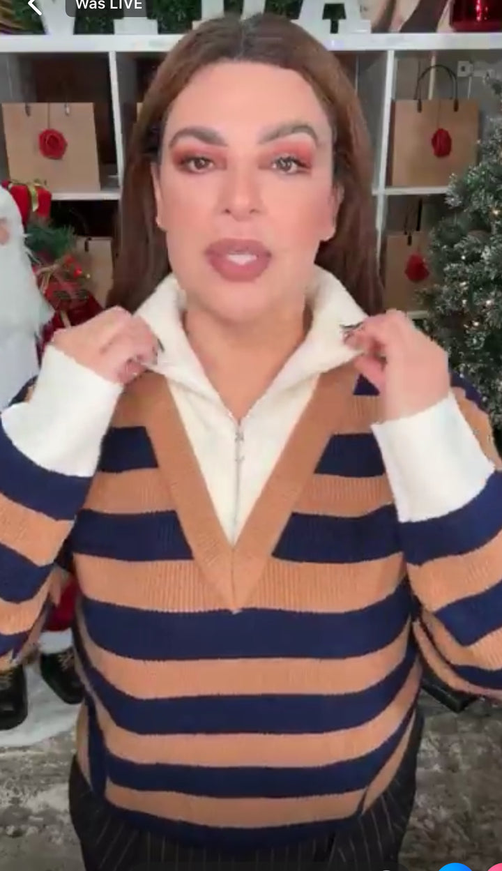 Sweater Mocha y Azul Rayado Cuello Beige Lux (#132)