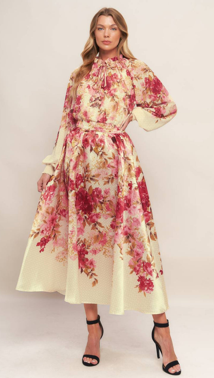 Set crema floral rosas y mostaza vintage falda y blusa (#119)