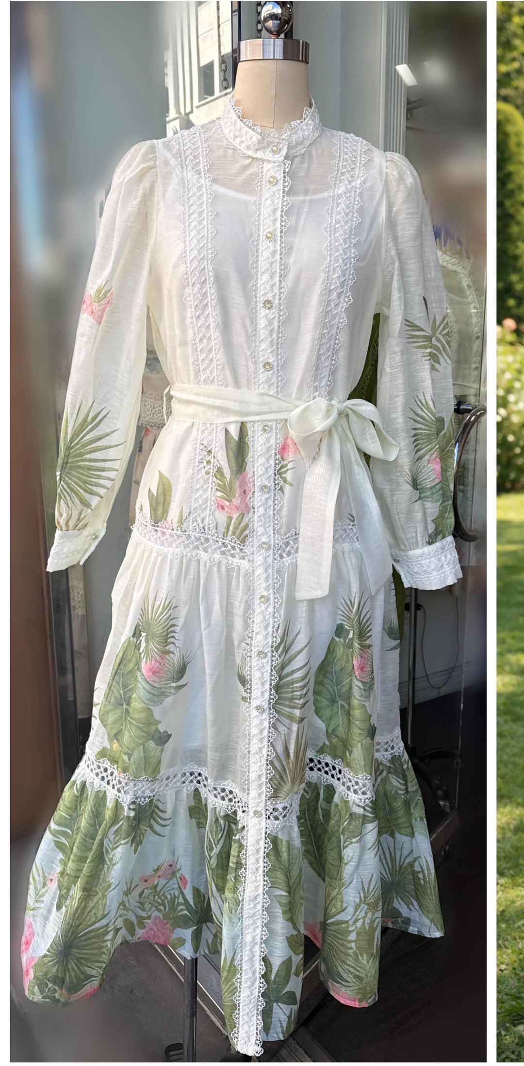 Vestido Beige Tropical Lujoso Encaje Maxi