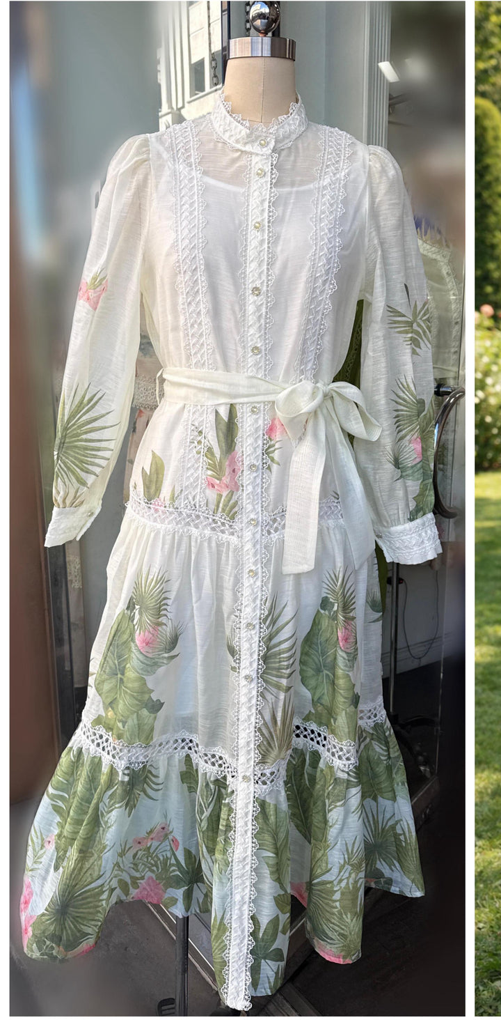 Vestido Beige Tropical Lujoso Encaje Maxi