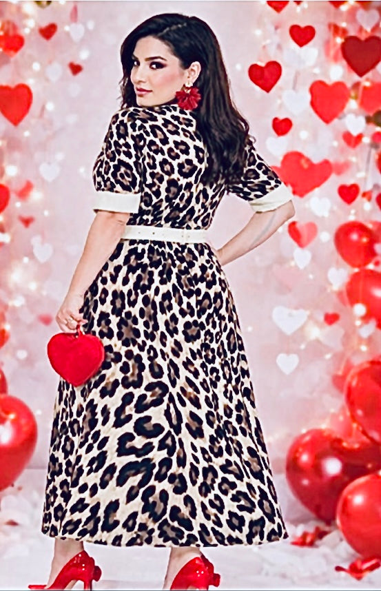 Vestido beige & leopardo lino suave con cinto (#120)