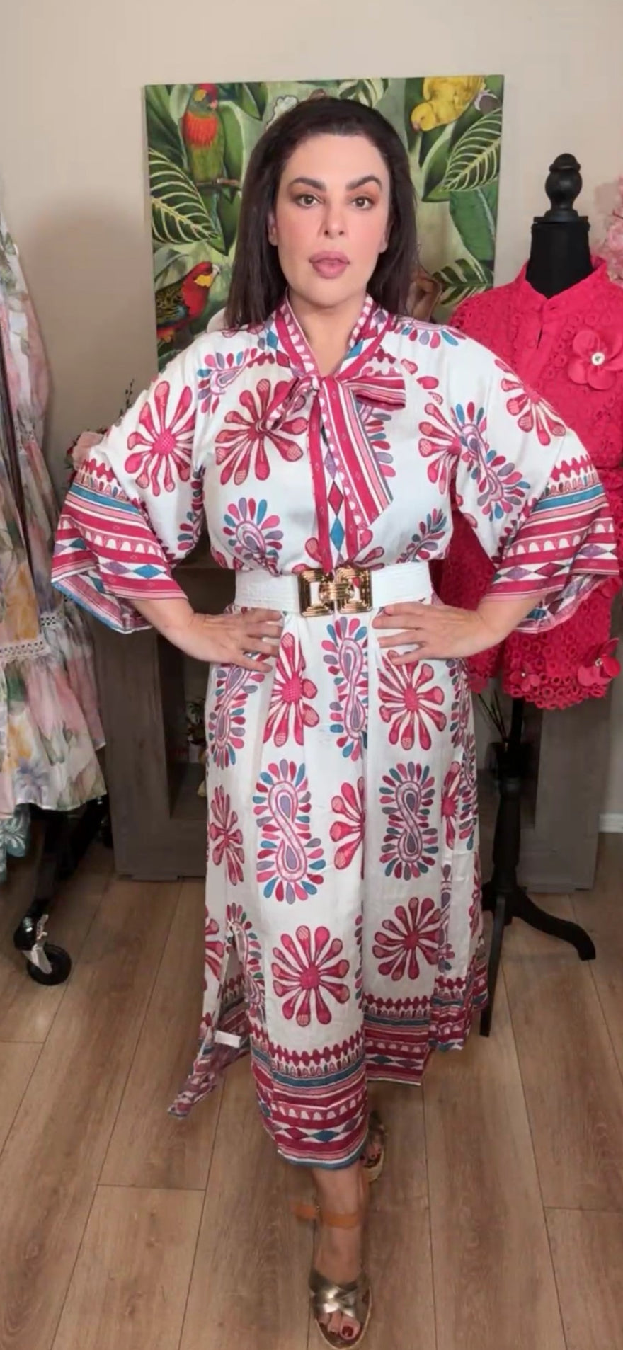 vestido blanco y magenta kaftan satinado maxi (#142)