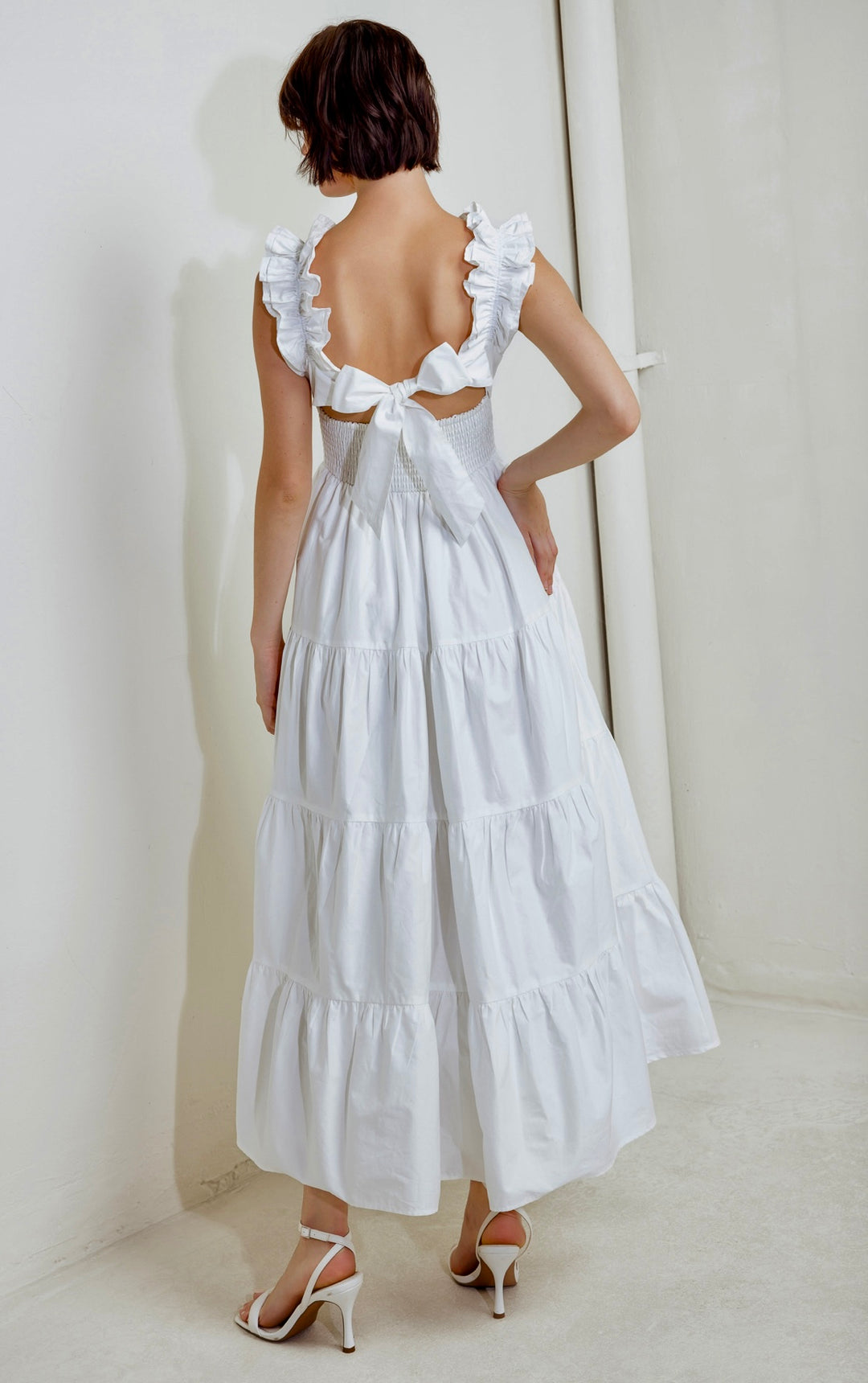 Vestido Blanco Ruffles 100% Algodón Moño Y Bolsas Midi Ultra Lux (#138)