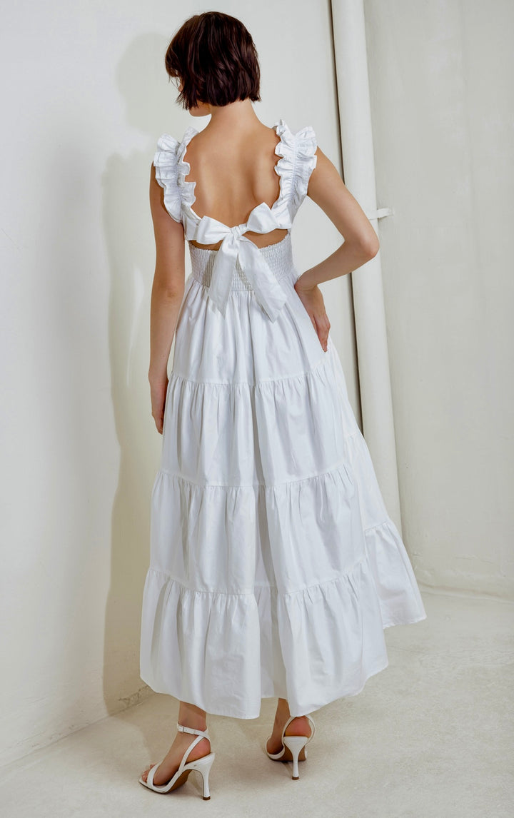 Vestido Blanco Ruffles 100% Algodón Moño Y Bolsas Midi Ultra Lux (#138)