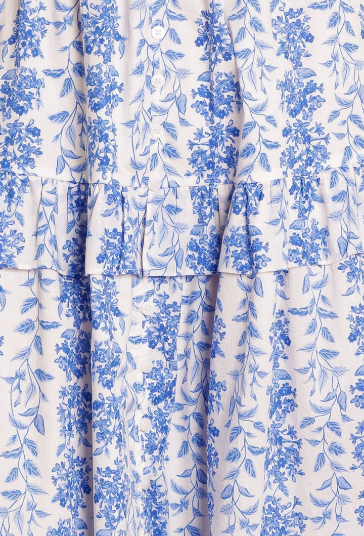 Vestido blanco flores azul con moños en negro Santori (#169)
