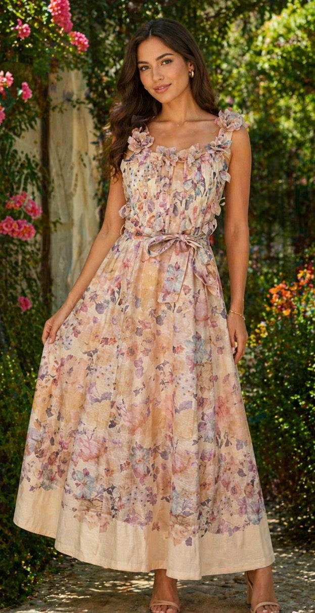 Vestido amarillo floral aplicaciones 3D maxi lux (