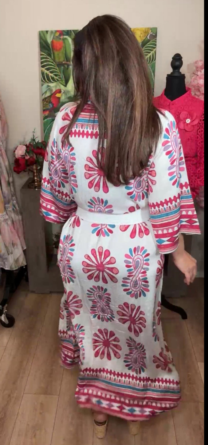 vestido blanco y magenta kaftan satinado maxi (#142)