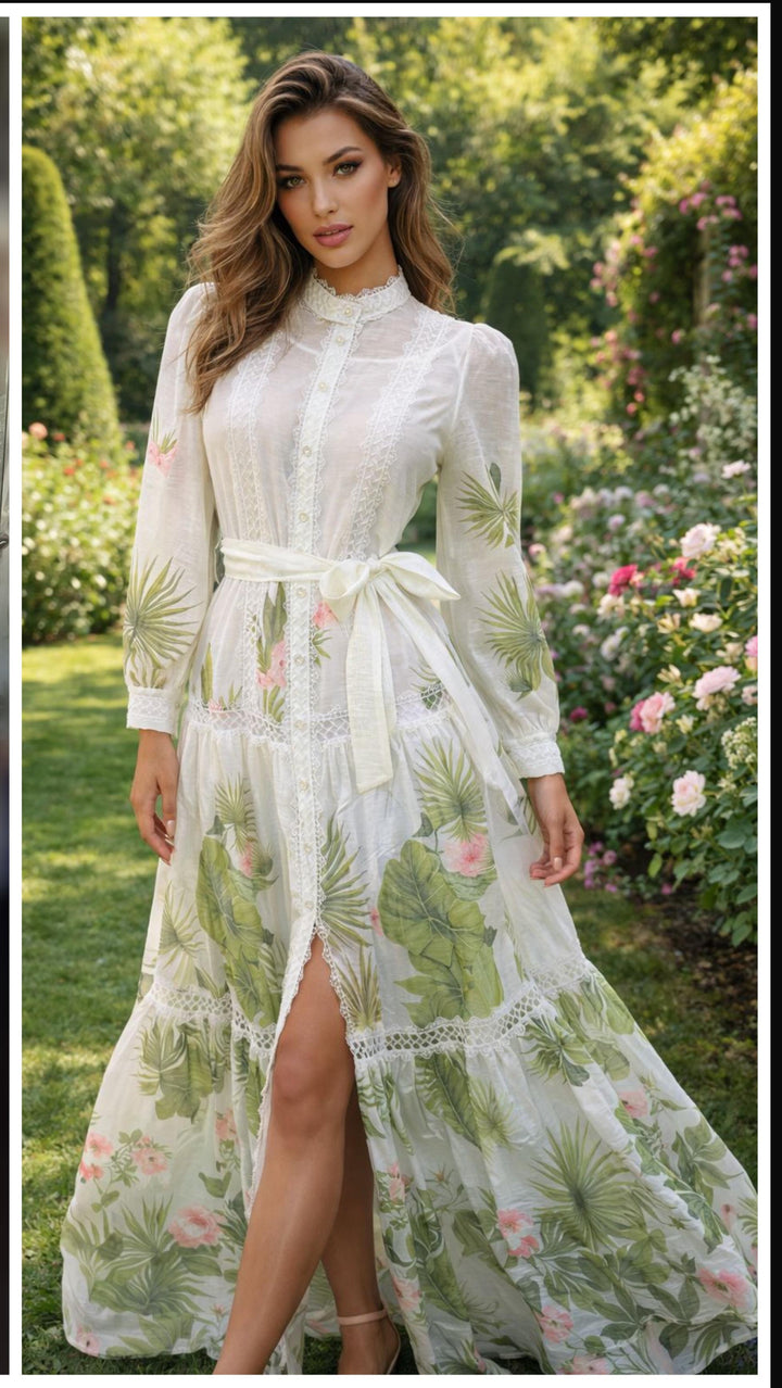 Vestido Beige Tropical Lujoso Encaje Maxi