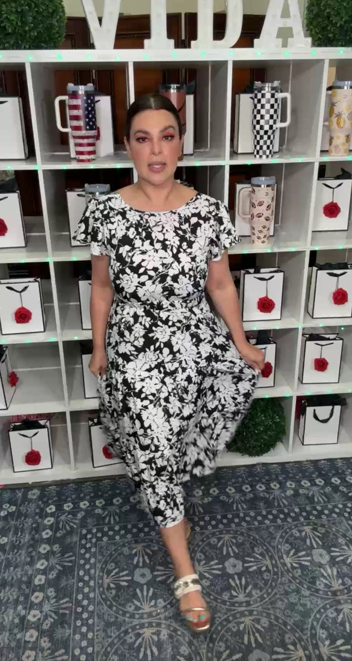 Vestido Blanco y Negro Floral Midi (#129)