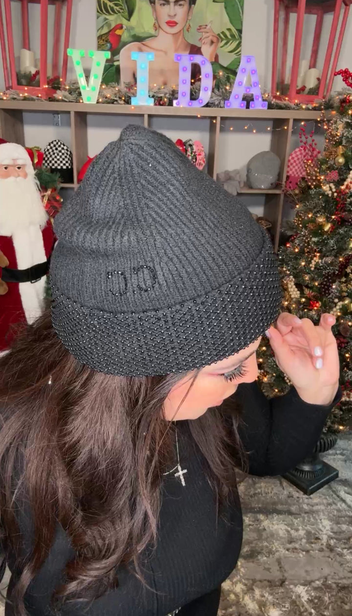 Gorro Negro Pedreria Tejido Punto