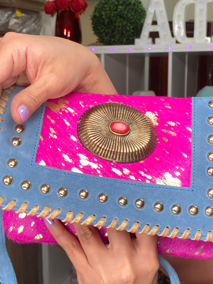 Bolsa Azul y Rosa Fuschia Piedra Turqueza Piel (#102)