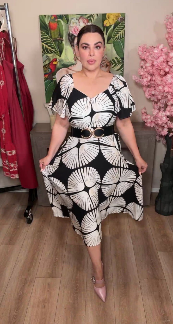 vestido negro & crema conchas de mar midi (#144)