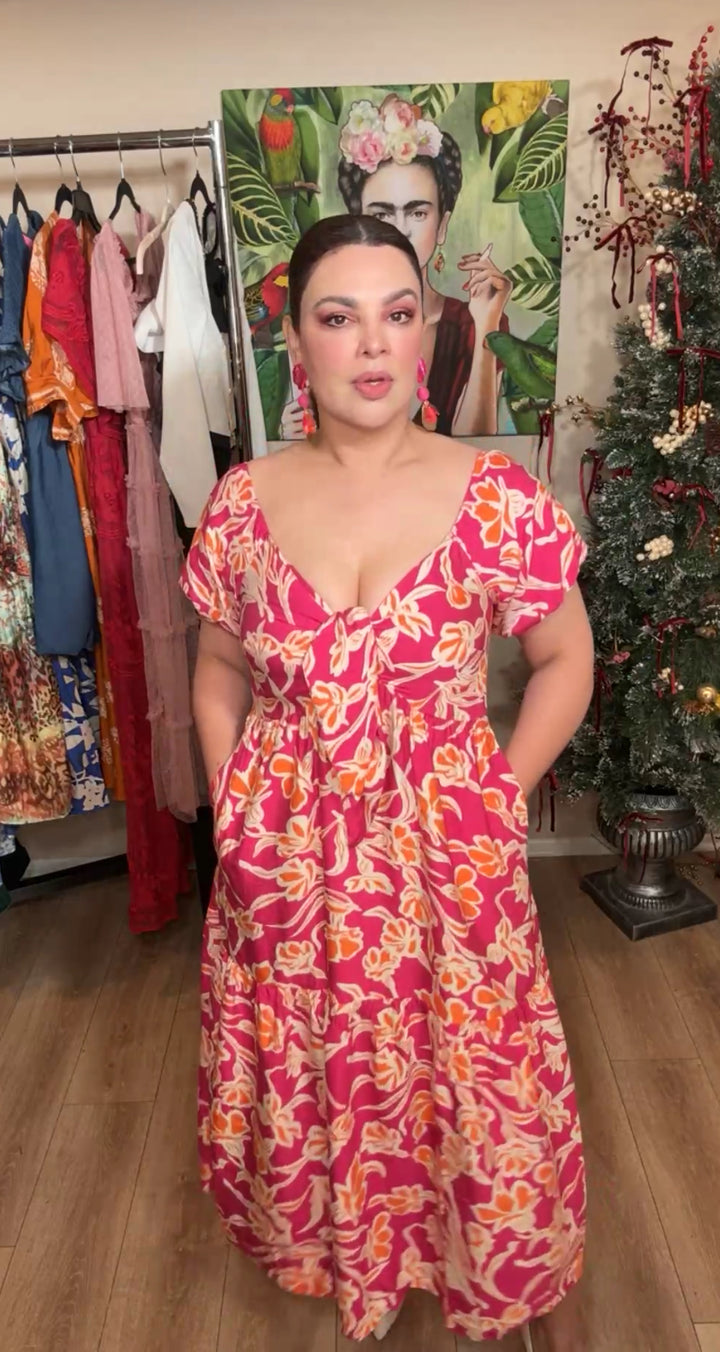 Vestido Rosa Hojas Naranja Nudo al Busto Midi (#428)