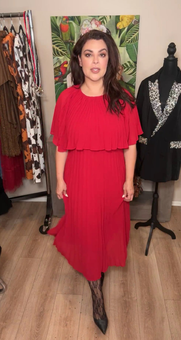 Vestido Rojo Quemado Plizado Capa Chiffon (#138)