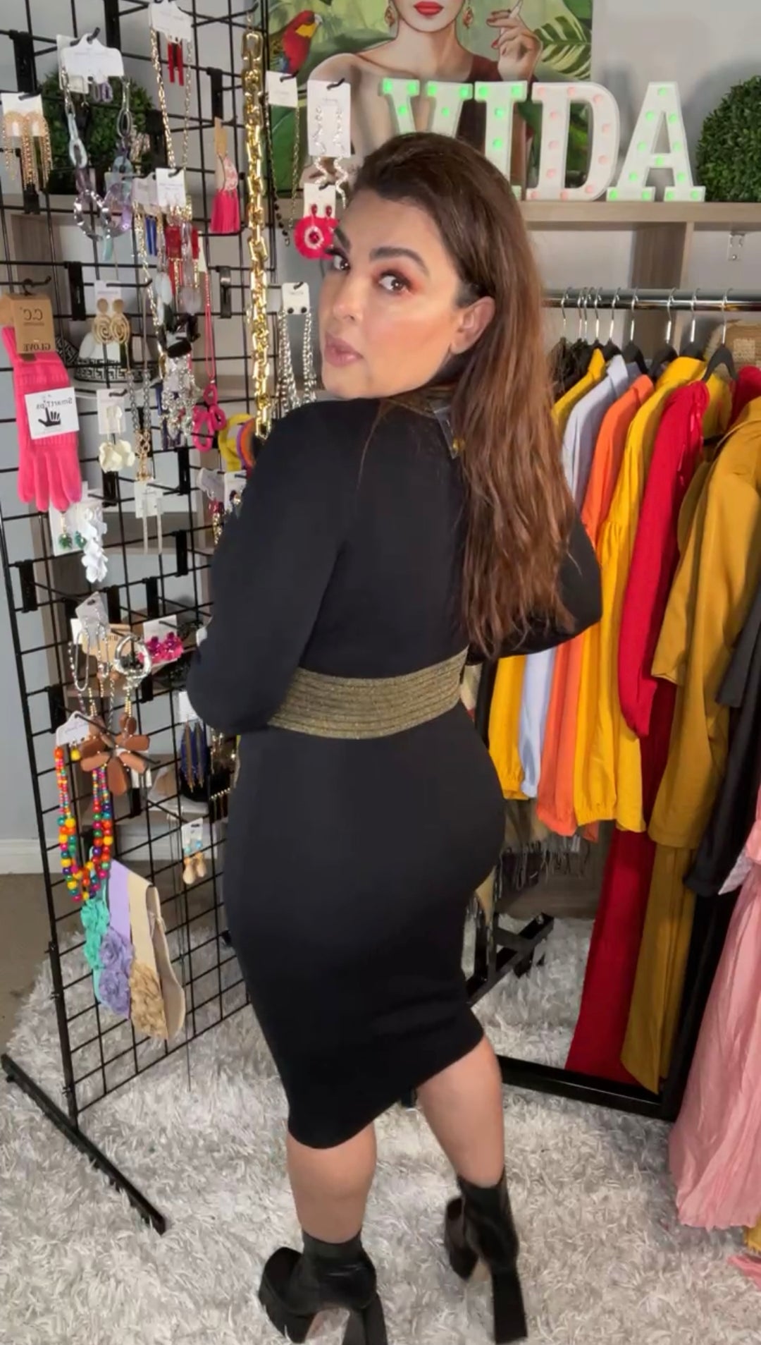 Vestido Negro Franja Oro Stretch Sweater Midi (#276)