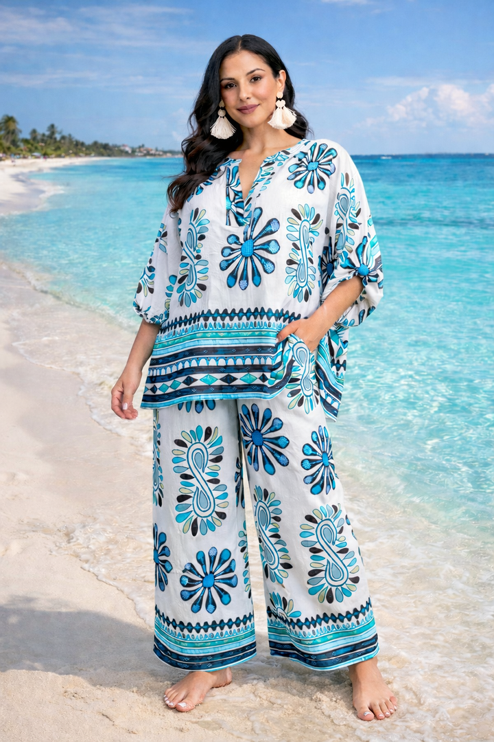 Set Azul y Turquesa pantalón y blusón artesanal