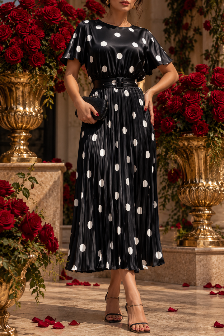 Vestido Negro Bolas Beige Satinado Falda Plizada midi Lunares Con Cinto (