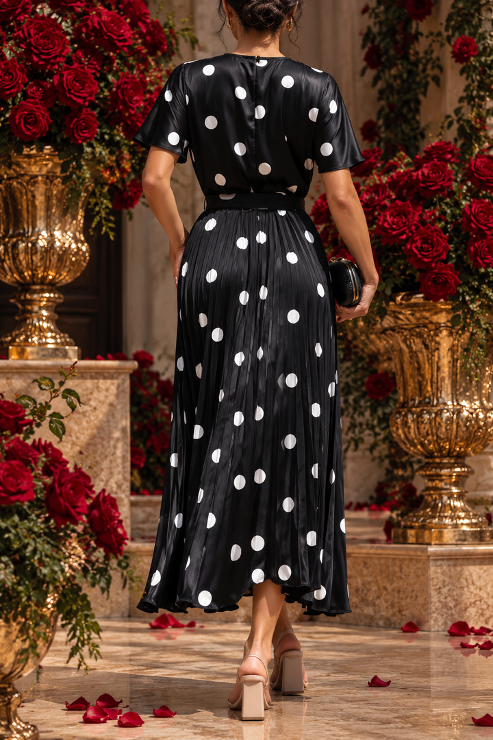 Vestido Negro Bolas Beige Satinado Falda Plizada midi Lunares Con Cinto (
