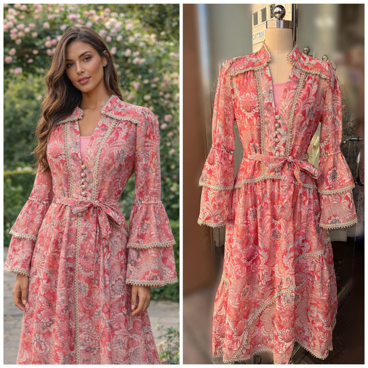 Vestido rojo pálido victoriano maga volantes hilo oro midi (