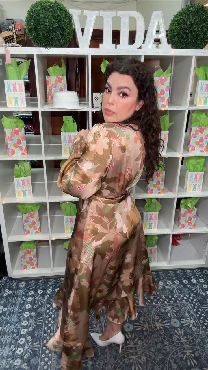 Vestido Café Diseños Dolivo y Marron Satinado Wrap Olanes (#132)