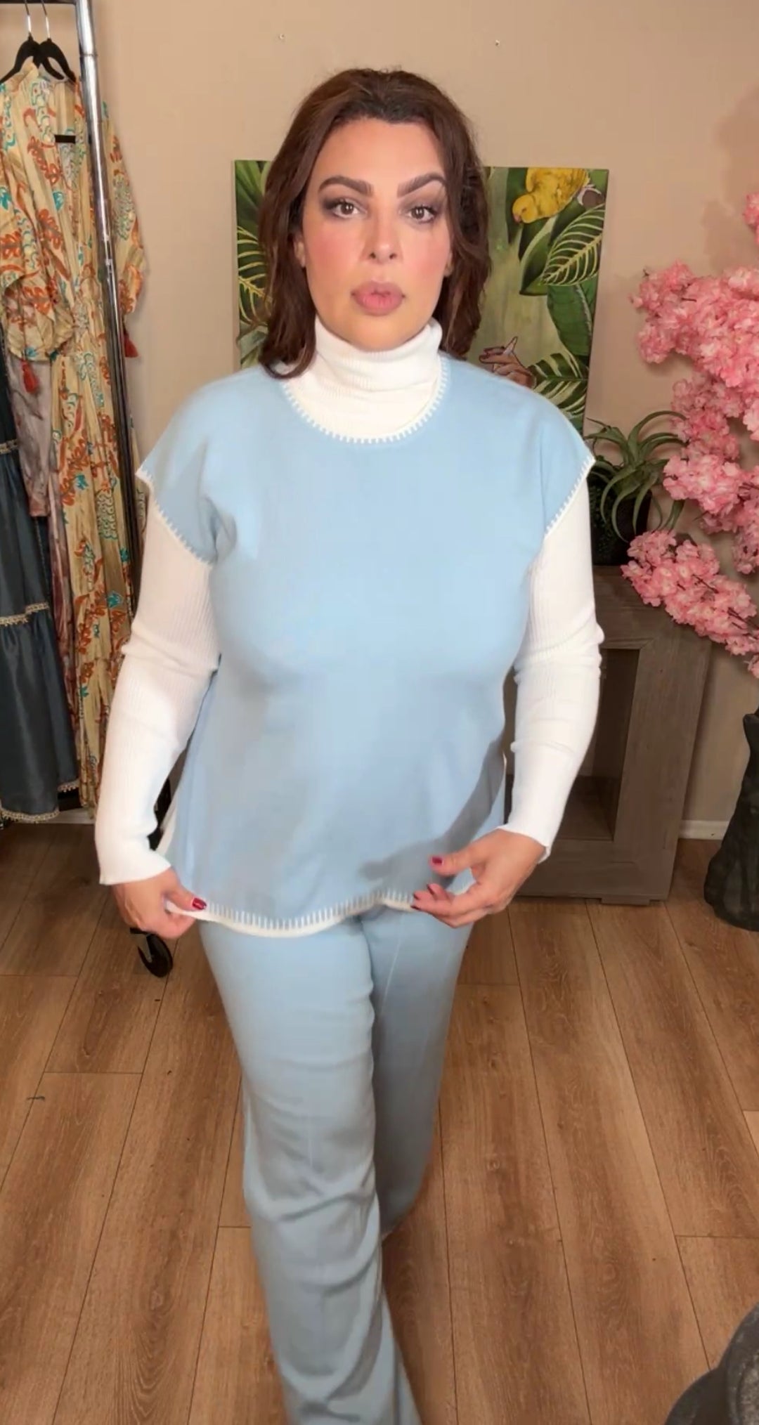 Set azul claro y blanco túnica pantalón con pliegue de punto stretch (#121)