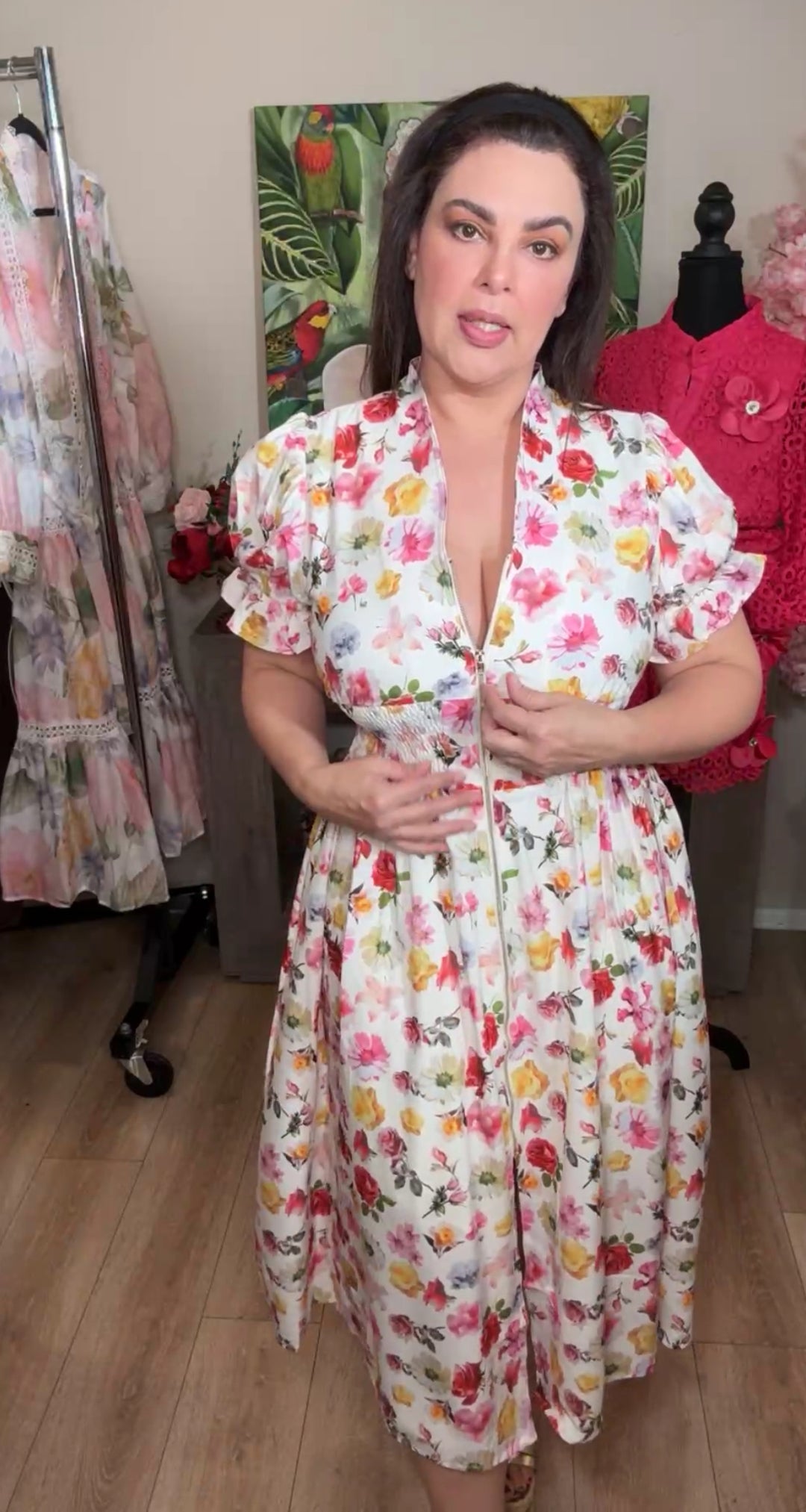 vestido blanco floral zipper dorado al frente cintura elástica midi (#141)