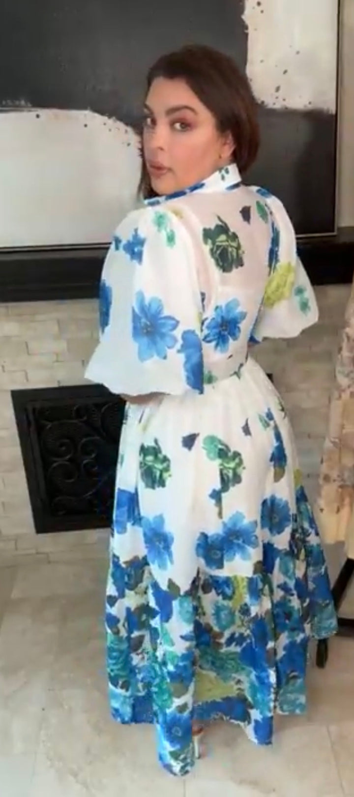 Vestido blanco flores azul y verde maxi princesa (