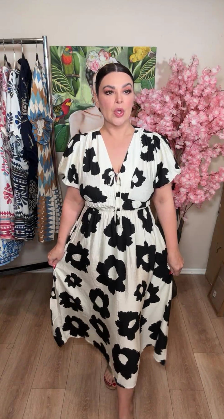 Vestido beige y negro flores pintura manga burbuja midi (#154)