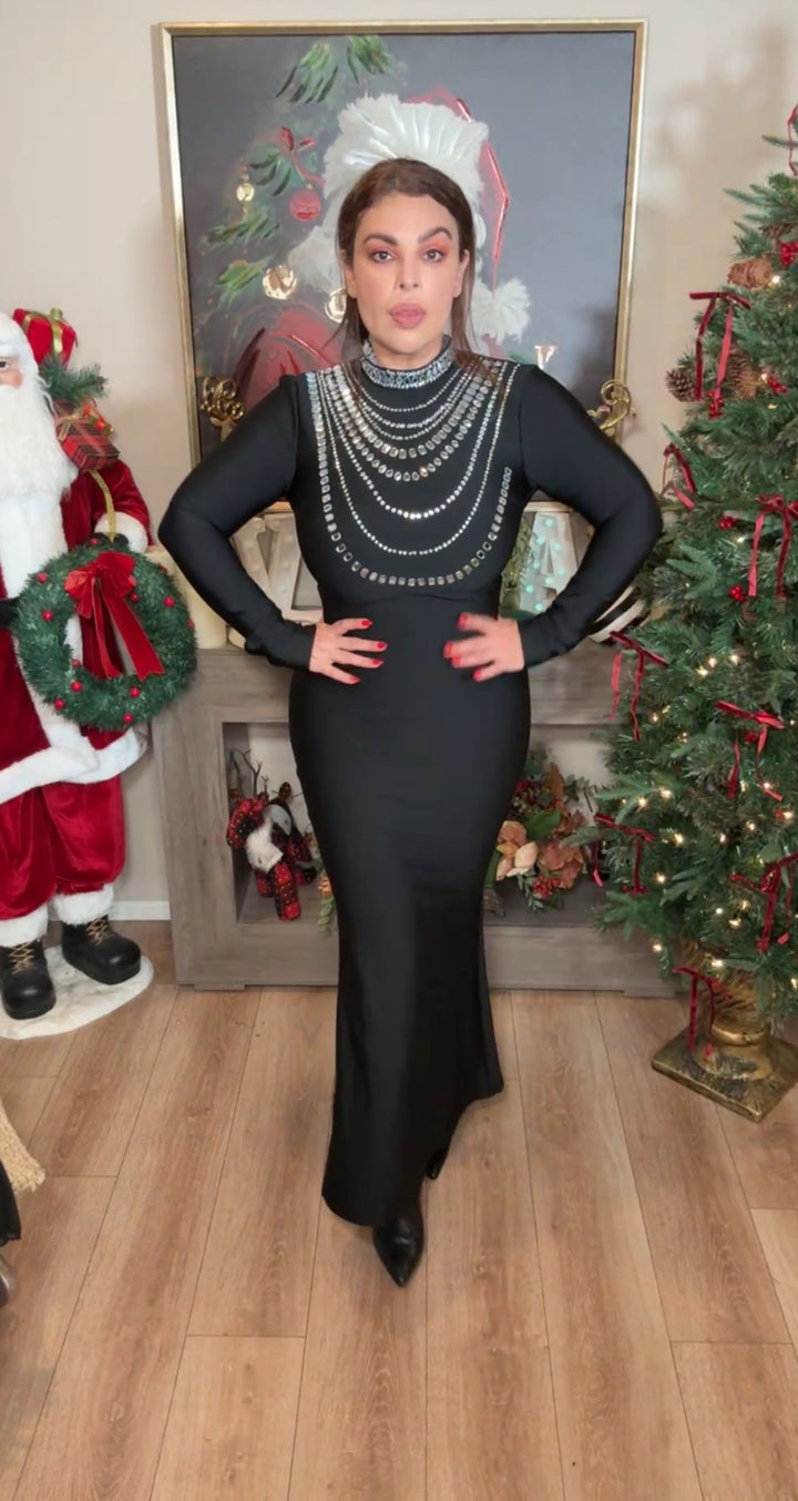 Vestido negro spandex multi collar pedrería (#145)