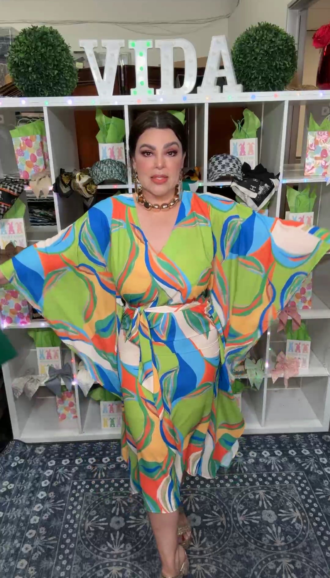 Vestido Verde y Naranja Kaftan Cuello V (#252)