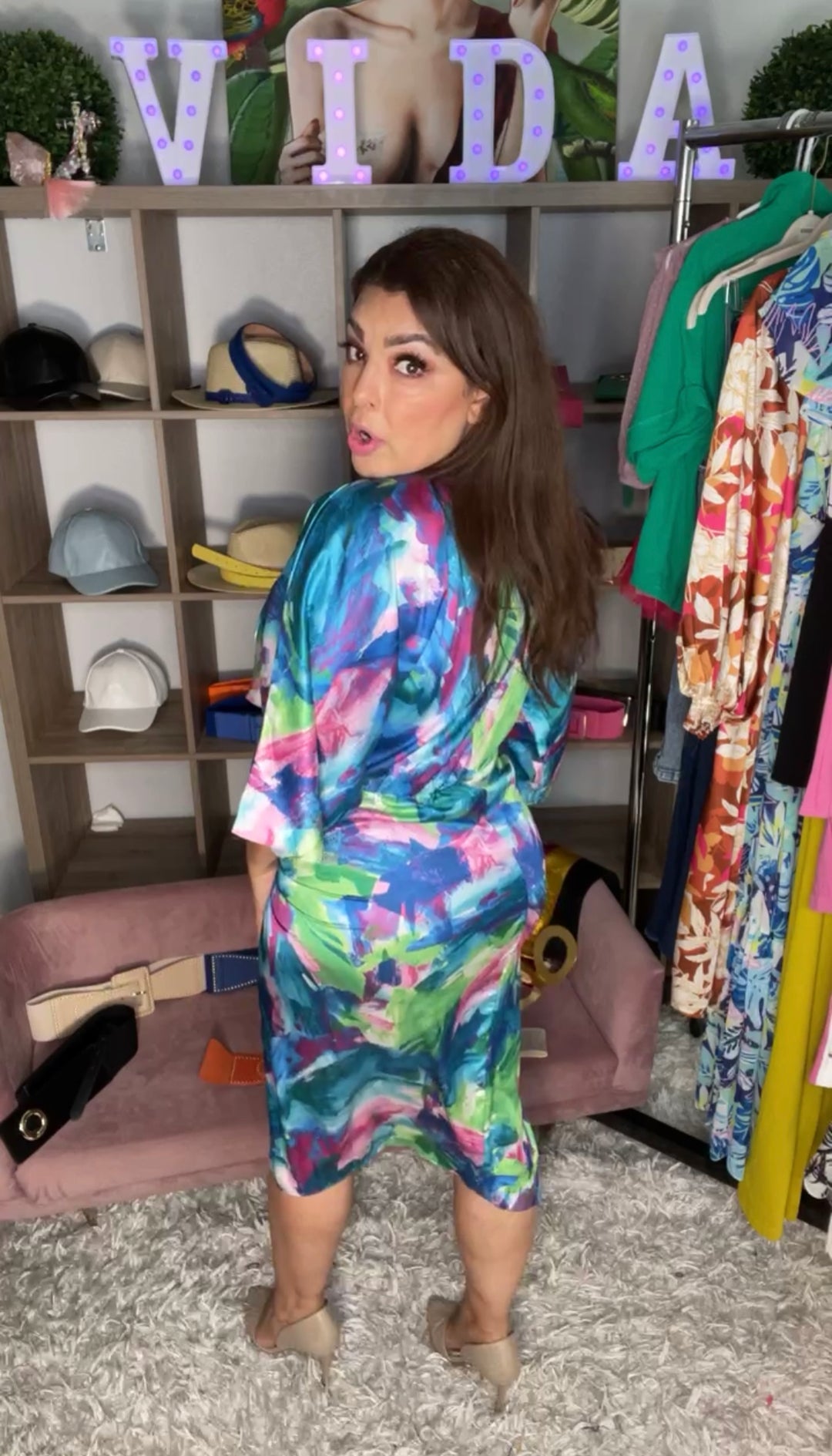 Vestido Azules y Magenta Satinado Midi (#356)