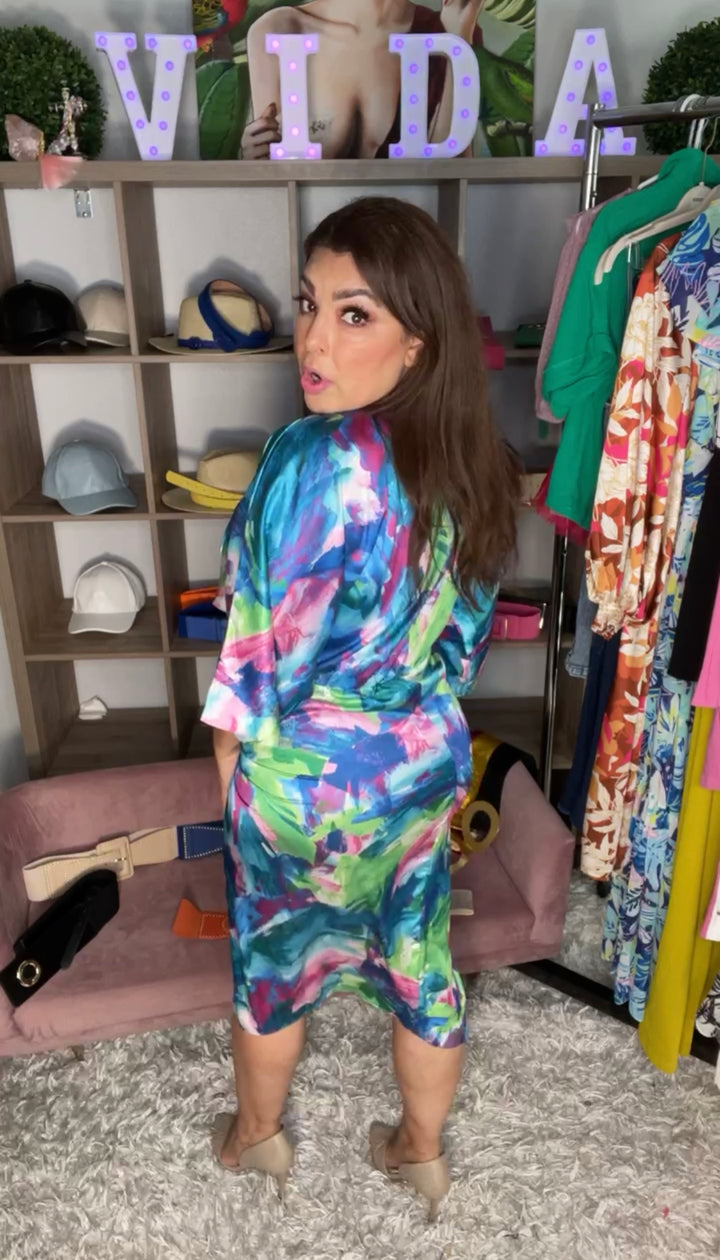 Vestido Azules y Magenta Satinado Midi (#356)