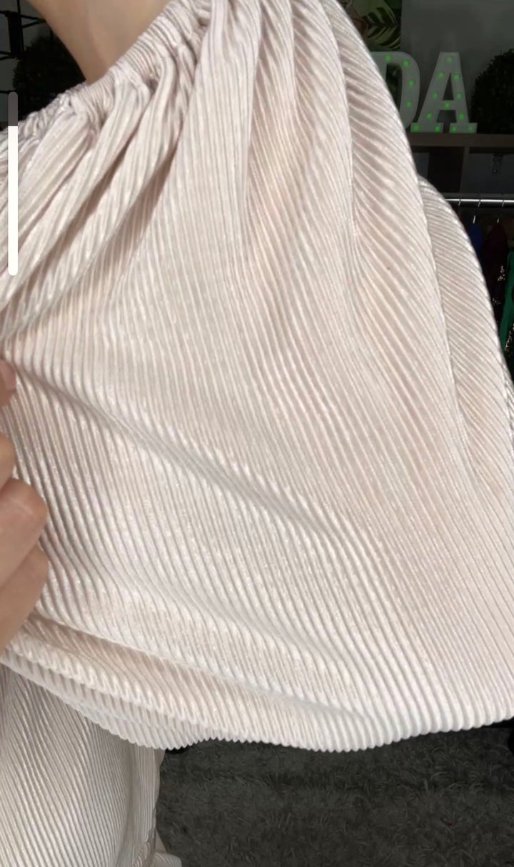 Vestido Champagne Plizado Satinado Midi Stretch (#137)