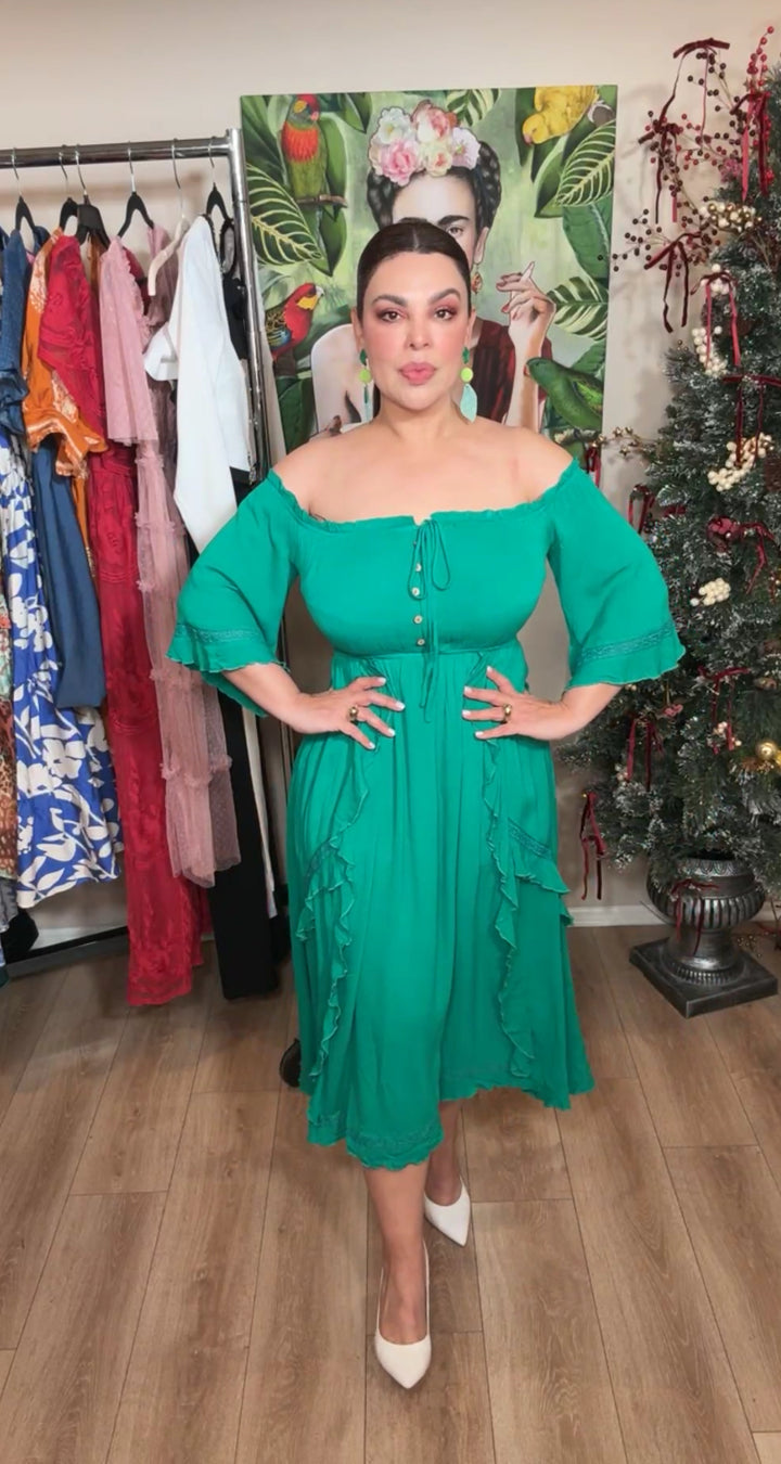 Vestido Verde Esmeralda Vaporoso Cintura Elastica Midi (#134)
