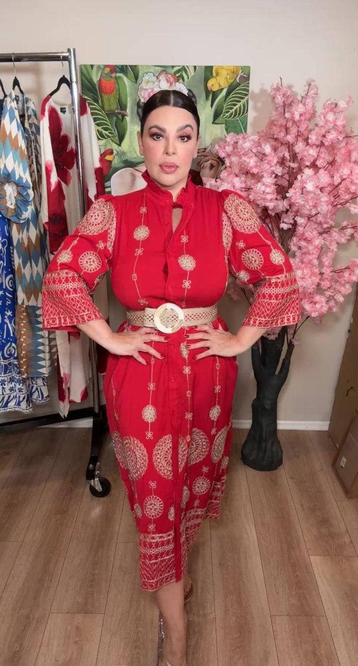 Vestido rojo bordado oro china midi (#156)