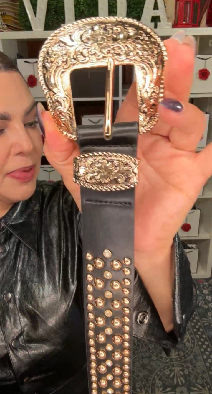 Cinto Negro Aplicacion Dorada y Rhinestones Western (#126)