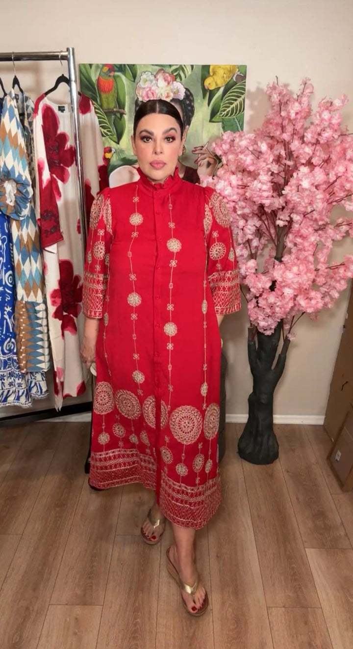Vestido rojo bordado oro china midi (#156)