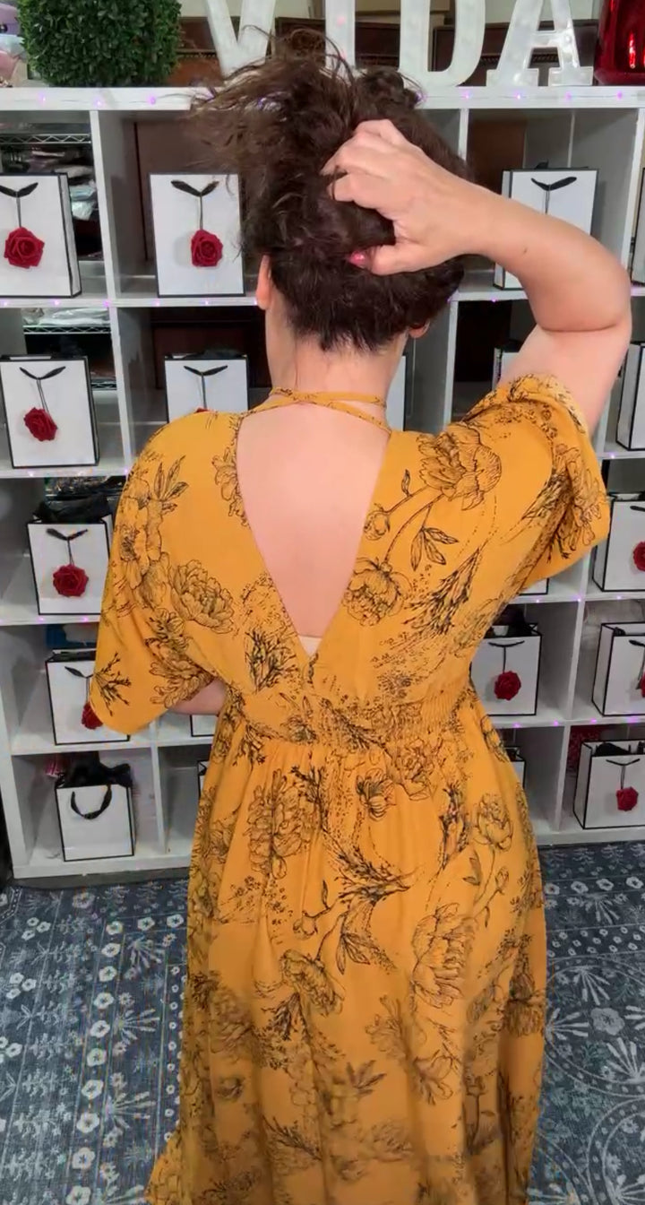 Vestido Mostaza Floral Maxi Cintura Stretch
