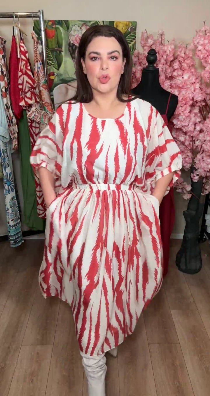 Vestido beige y rojo zebra SJP midi (#141)