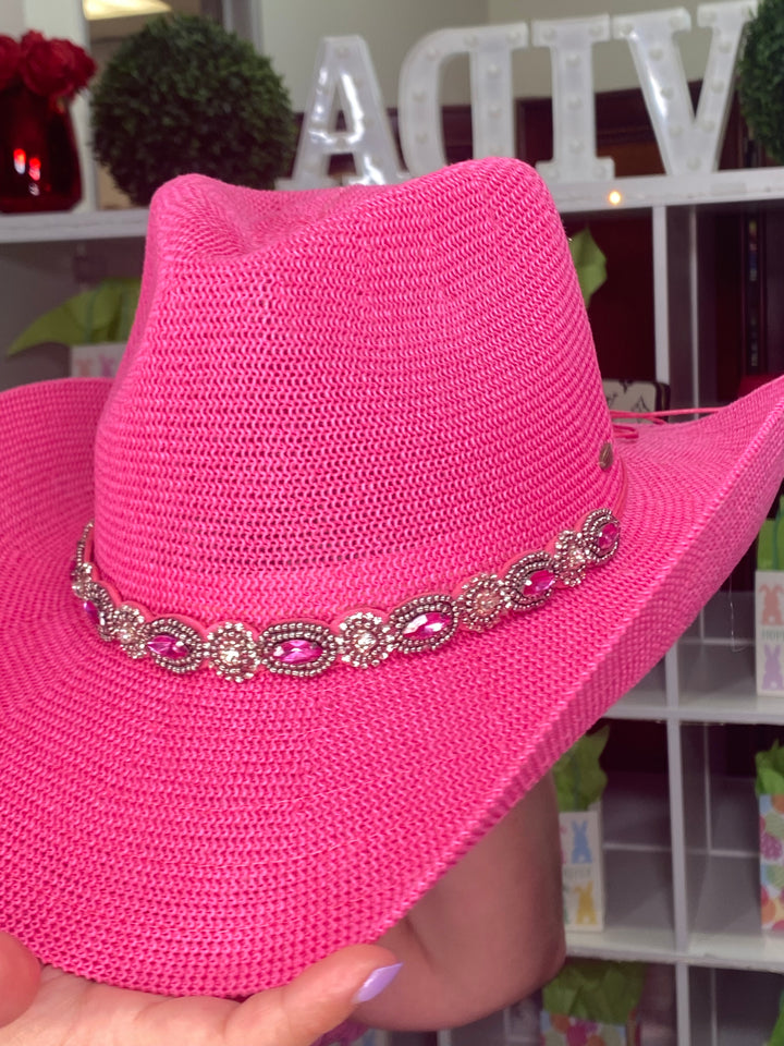 Sombrero Rosa Cinta Piedra Turqueza y Clear (#152)