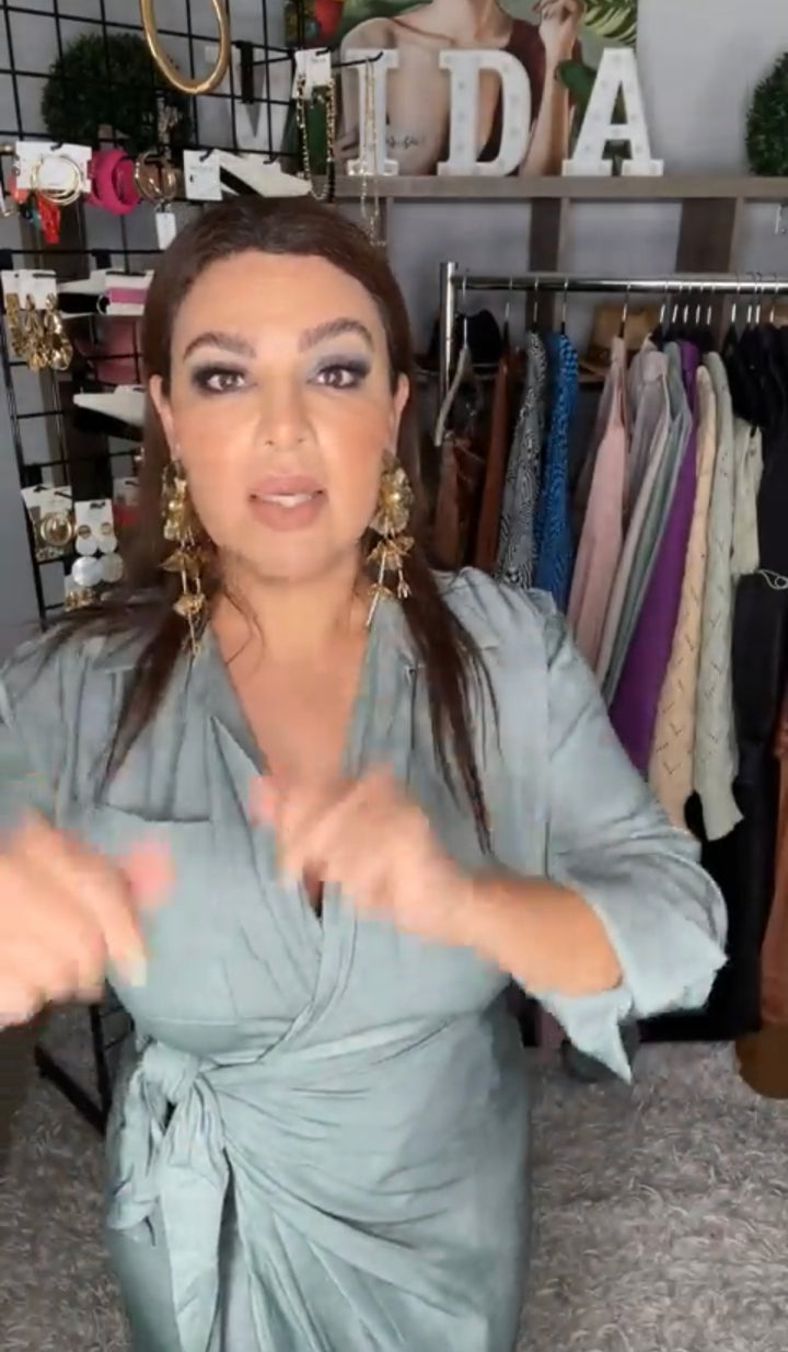Vestido Olivo Wrap Rayon Satinado Midi Lux (#419)
