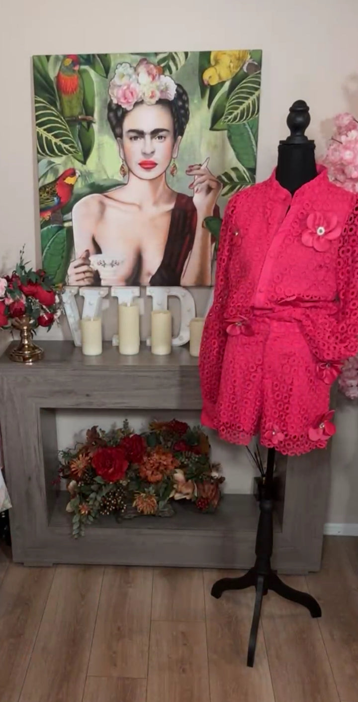 set rosa crochet flores 3-D shorts y camisa (
